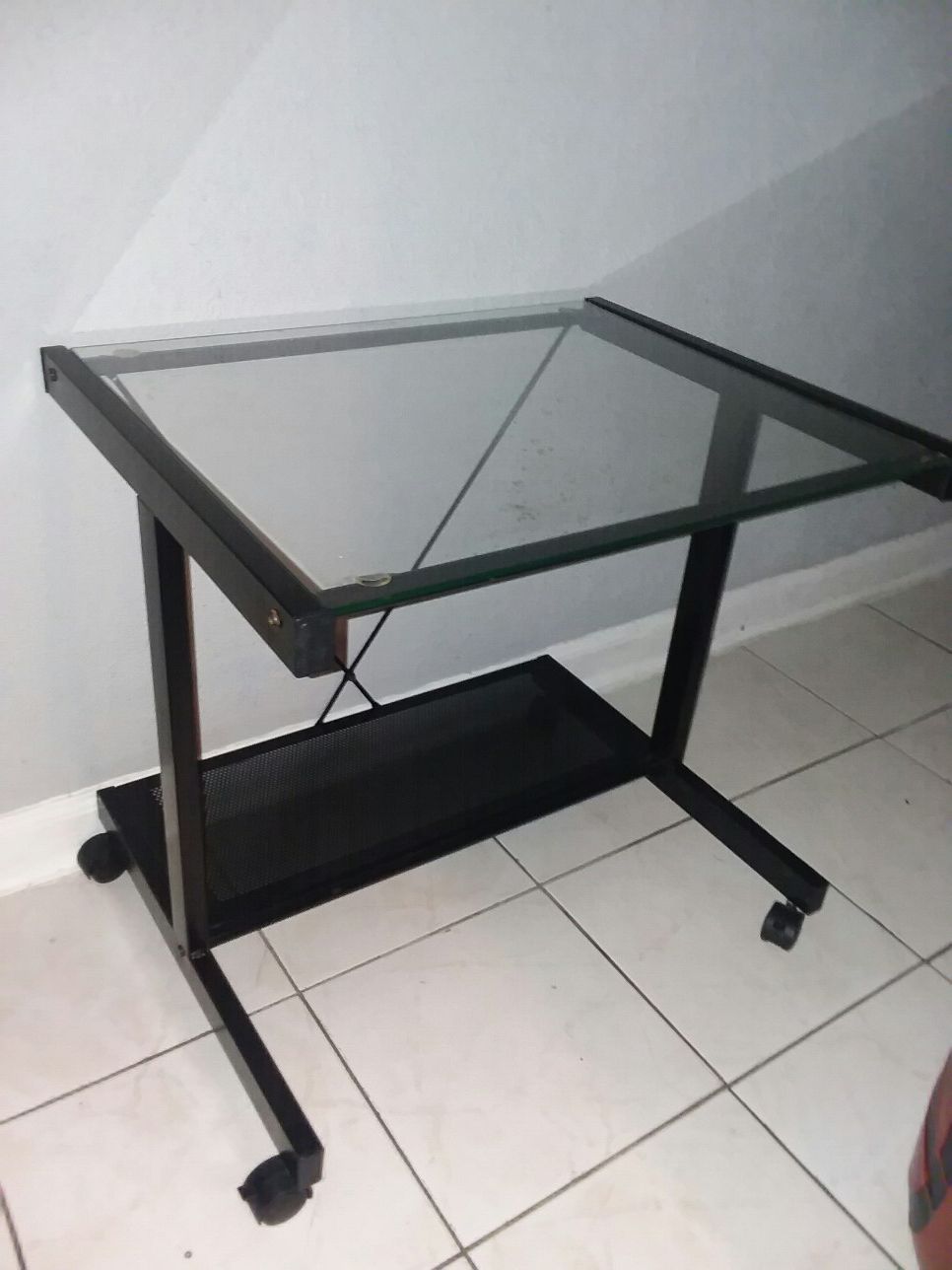 Glass office cart or children's desk with wheels $25 24 inches tall x 24 long x 20 wide