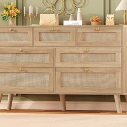47.2''Wide 7 Drawer Rattan Dresser, Boho Dresser for Bedroom, Chest of Drawers, Closet Organizer, Natural Wood Dressers Chest for Bedroom, Living Room