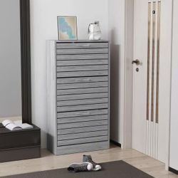 Drawer Shoe Storage Cabinet with Louver Doors, 3-Tier Wood Shoe Rack Storage Organizer for Entryway, Grey，$40
