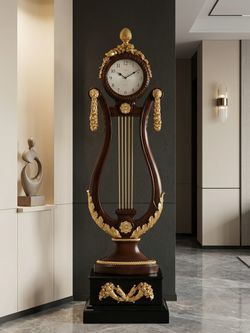 Ornate French empire style standing lyre harp clock.