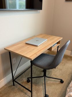 Wood Top Writing Desk with Metal Legs and chair
