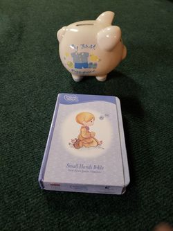 My first piggy bank and Precious Moments Bible