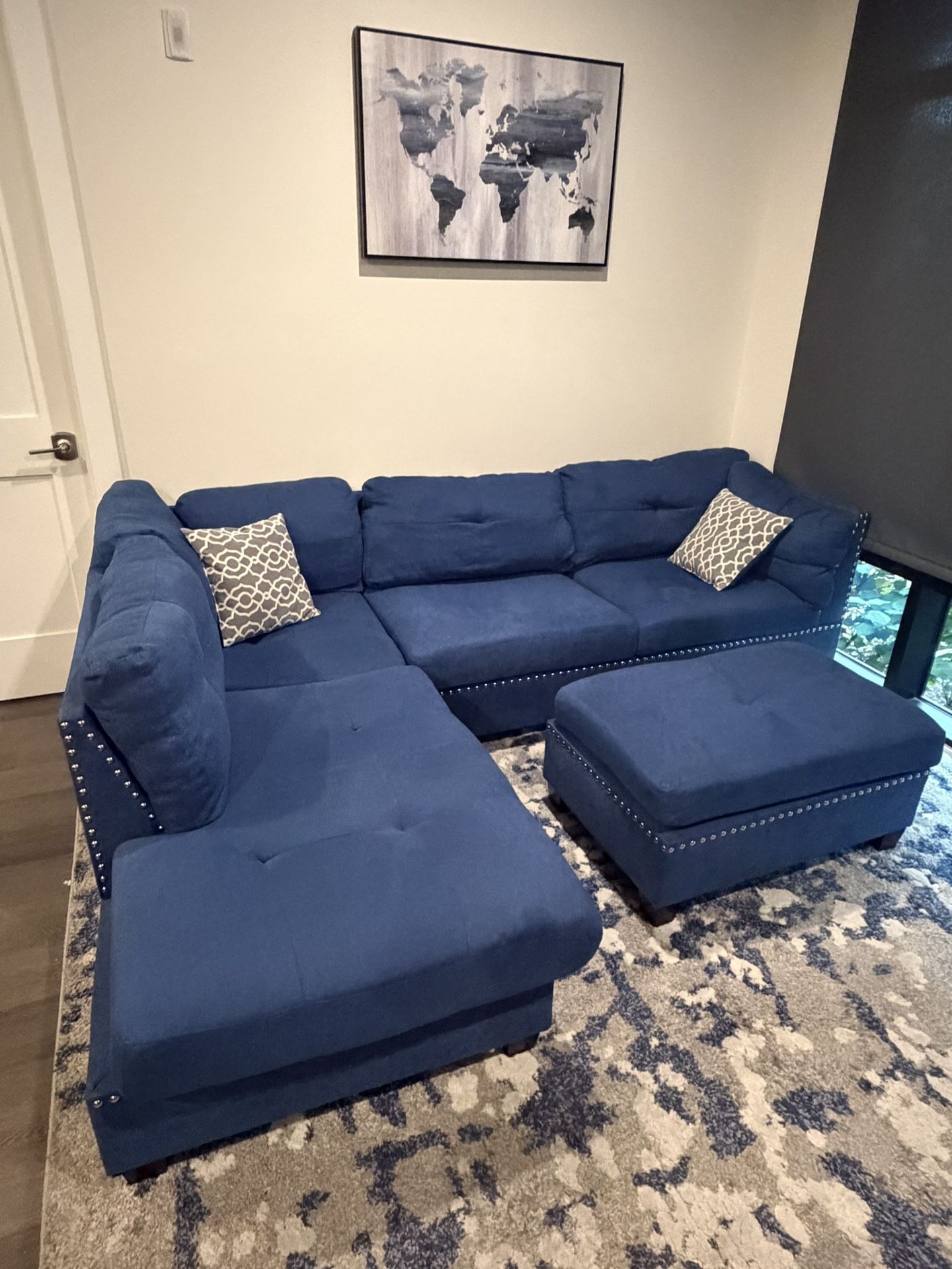 Ocean blue Sectional Sofa and Chaise with Ottoman