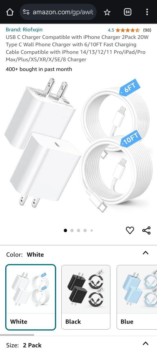 USB C Charger Compatible with iPhone Charger 2Pack 20W Type C Wall Phone Charger with 6/10FT Fast Charging Cable Compatible with iPhone 14/13/12/11