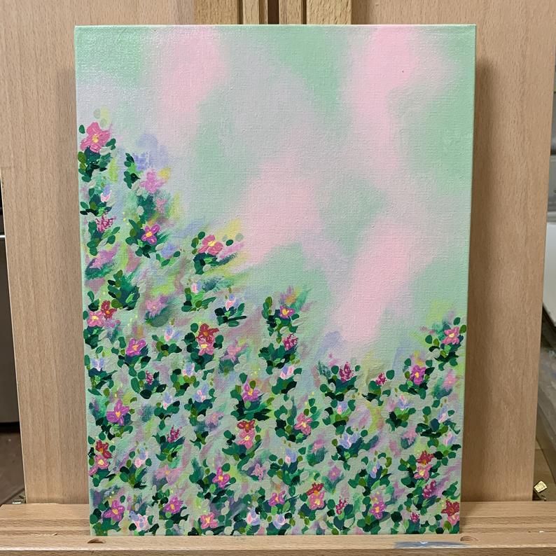 Magenta and Pink Wildflowers Painting, Original Artwork, Acrylic, Abstract, 12x9