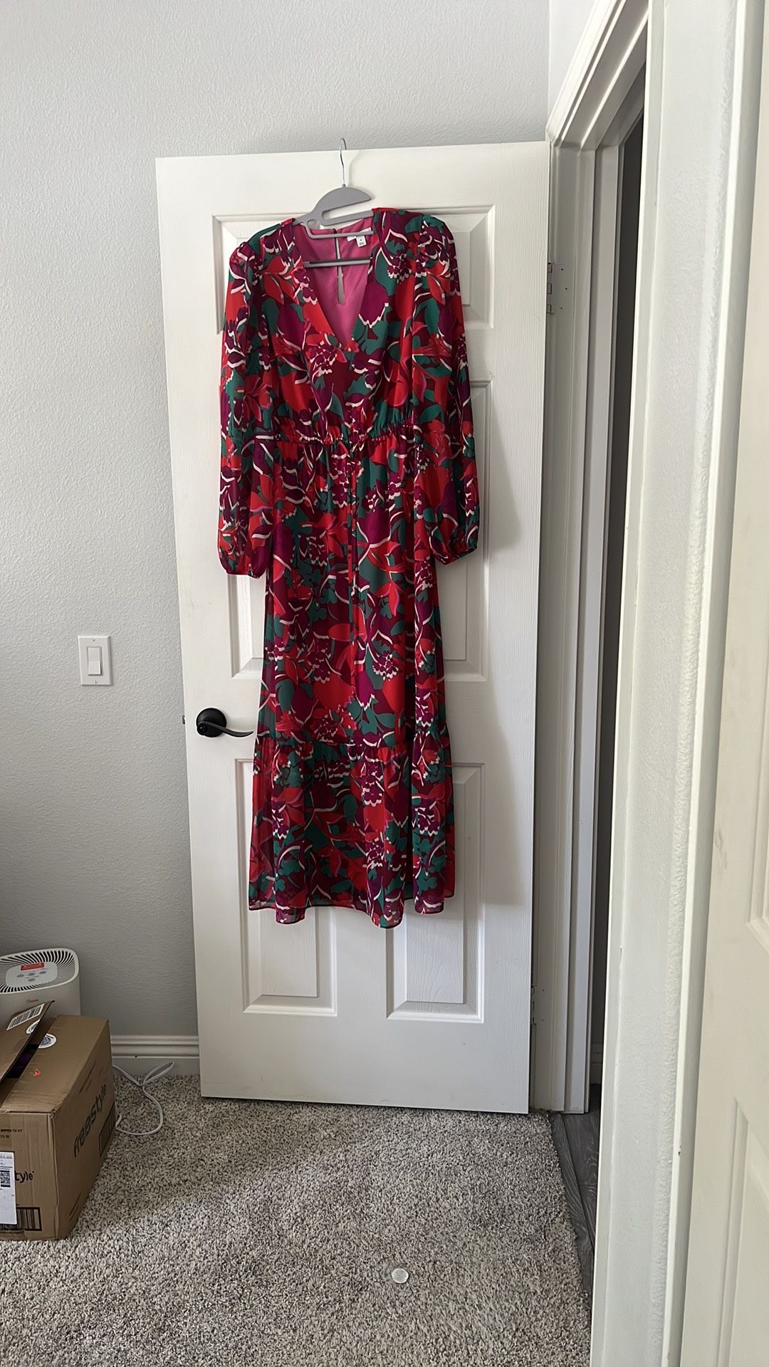 BarIII MAXI DRESS Red Green Purple Long Sleeve