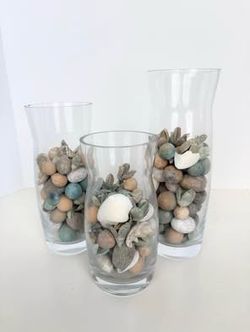 Set of 3 Glass Vases with Aqua Blue Potpourri & Seashell Filler