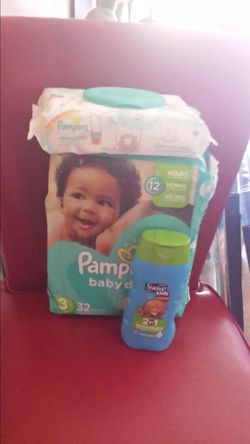 Diapers size 3 32 come in a package and baby wipes And1 two-in-one shampoo