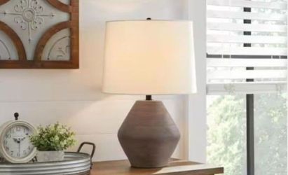 Hampton Bay Saye 23.5 in. Brown Ceramic Table Lamp with White Fabric Shade