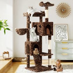 64" Large Cat Tree and Tower with Stair, Condo House & Scratching Posts for Indoor Cats, Leopard Print