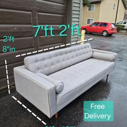 Free Delivery | Gray Long Mid Century Modern Tufted Sofa/ Couch