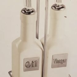 Porcelain Oil and Vinegar Carafes in Bamboo Base