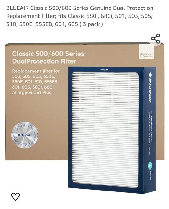 BLUEAIR Classic 500/600 Series Genuine Dual Protection Replacement Filter; fits Classic 580i, 680i, 501, 503, 505, 510, 550E, 555EB, 601, 605 ( 3 pack