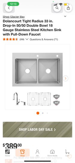 Glacier Bay Dolancourt Tight Radius 33 in. Drop-In 50/50 Double Bowl 18 Gauge Stainless Steel Kitch