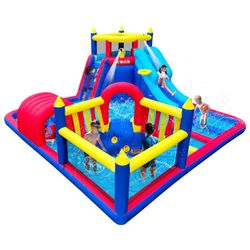 Inflatable Water Slide Park for Party Fun, 15 x 15 ft, Large Splash Pool, Long & Short Slides, Fun Crawl Tunnel, Basketball Hoop, GFCI Blower