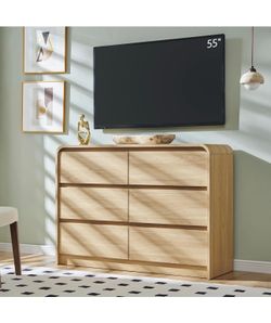 Modern 6 Drawers Dresser for Bedroom, 47" Wide Dresser, Natural Oak Wooden Dressers & Chests of Drawers w/Curved Profile Design, Mid Century Dresser w