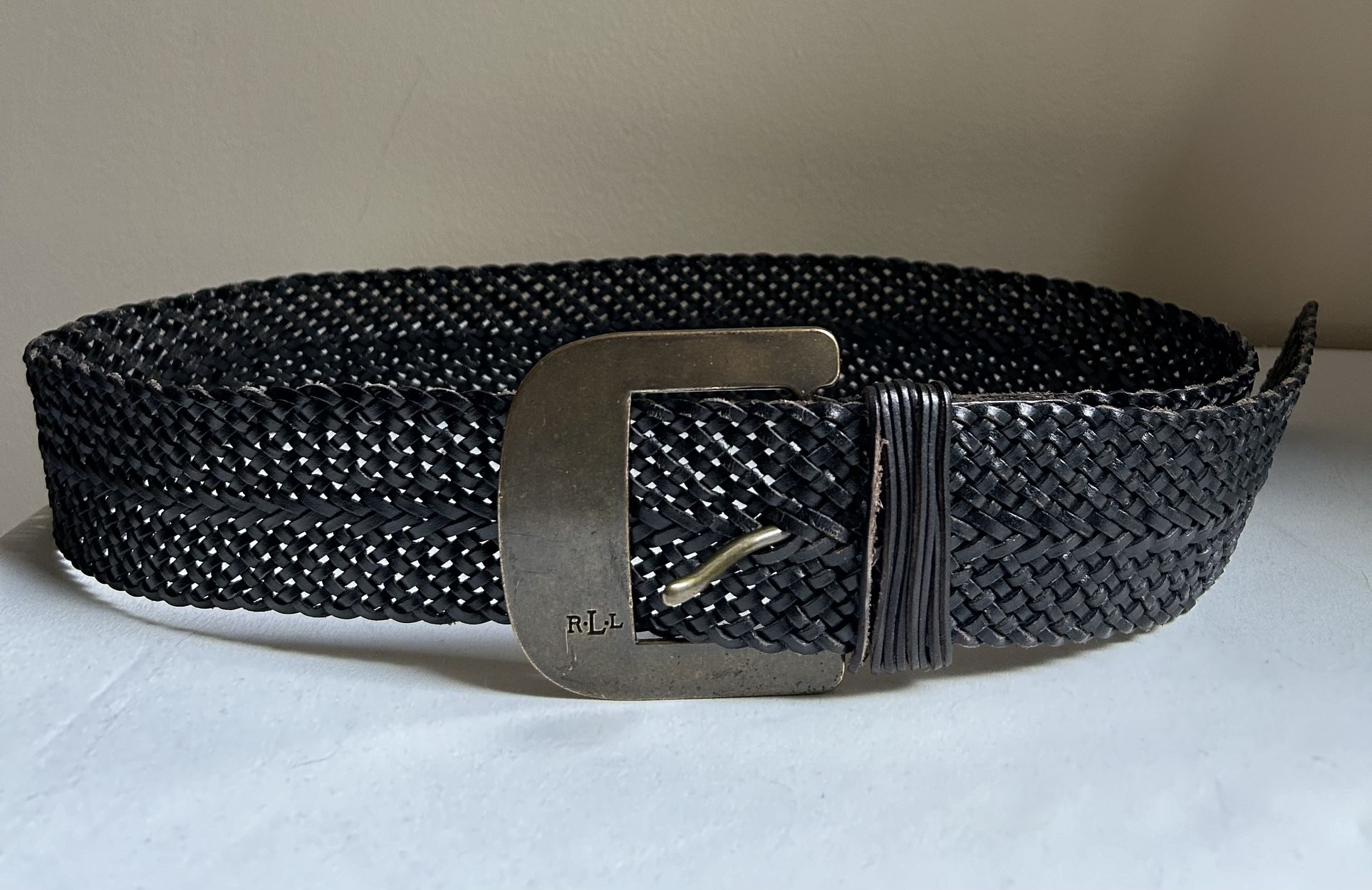Lauren Ralph Lauren Women Wide Braided Black Genuine Leather Belt Metal Buckle