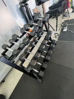 RUBBER HEX DUMBBELLS/ WEIGHTS/ GYM EQUIPMENT/ DUMBBELL RACK/ FREE DELIVERY