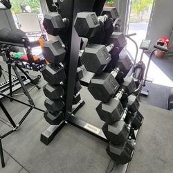 ✔️ RUBBER COATED HEX DUMBBELLS 5 LBS TO 30 LBS WITH VERY SOLID A-FRAME RACK ( BRAND NEW IN THE BOX  )