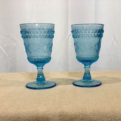 Pair of Antique Adams & Co Pressed Glass Wildflower Blue Goblets