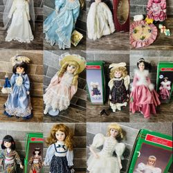 Lot Of 11 Porcelain Dolls Collectibles Vintage Antique Dolls Bundle W/ Stands 