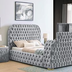 Natalia Gray Upholstered Bedroom Set with TV Lift 
