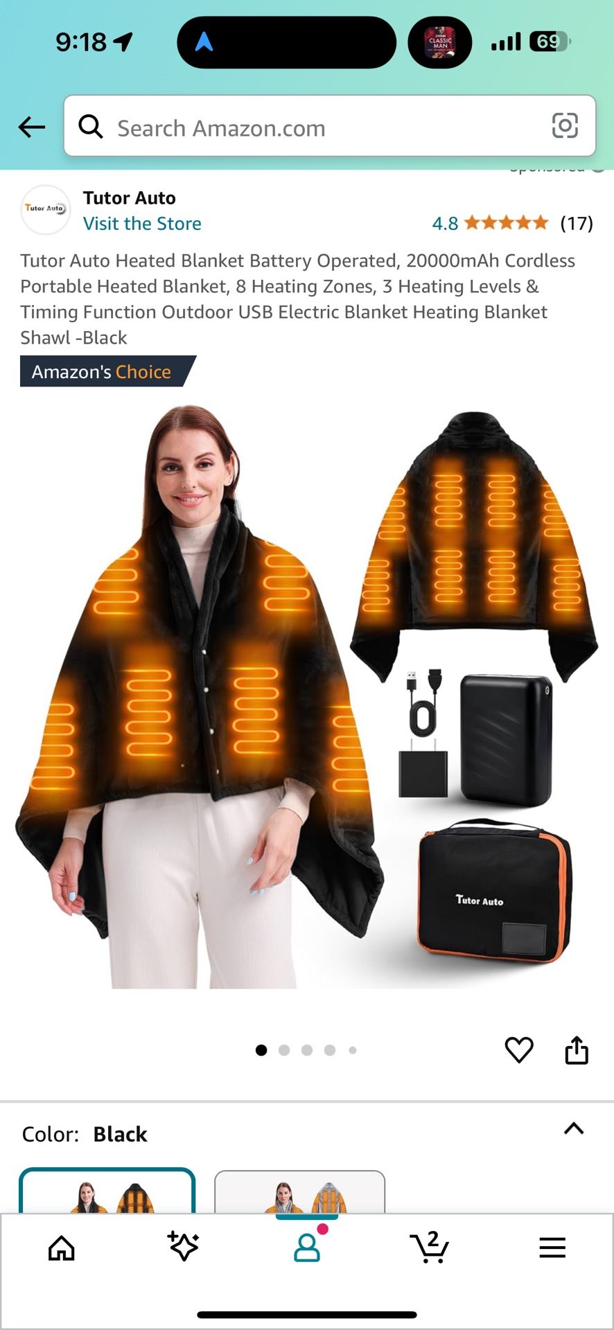 Tutor Auto Heated Blanket Battery Operated, 20000mAh Cordless Portable Heated Blanket, 8 Heating Zones, 3 Heating Levels & Timing Function Outdoor USB