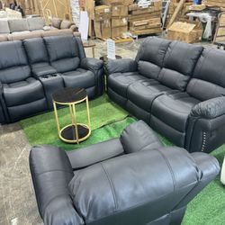 Black Recliner 3Pcs Living Room Set / Juego De 3 Piezas De Sala De Estar Reclinable Negro