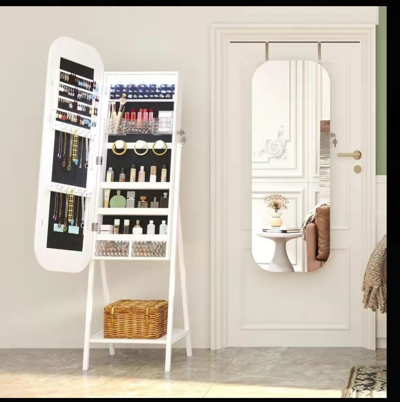 Miuvanity LED Mirror Jewelry Cabinet, Wall/Door Mounted Full Length Mirror with Storage, Lockable Jewelry Armoire with Mirror, Rounded Corner Hanging 