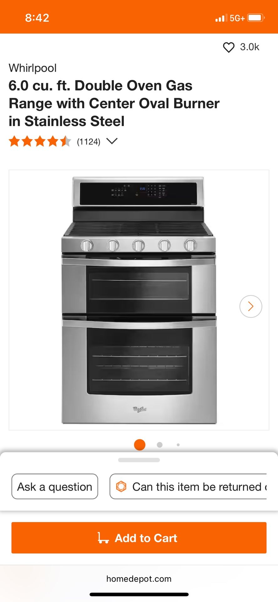 Whirlpool 6.0 cu. ft. Double Oven Gas Range with Center Oval Burner in Stainless Steel