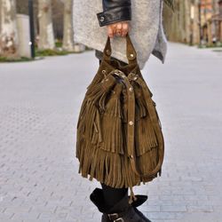 Gerard Darel Indie Fringed Suede Bucket Bag $495 Made in France  