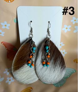 Cowhide Teardrop Earrings with Beads