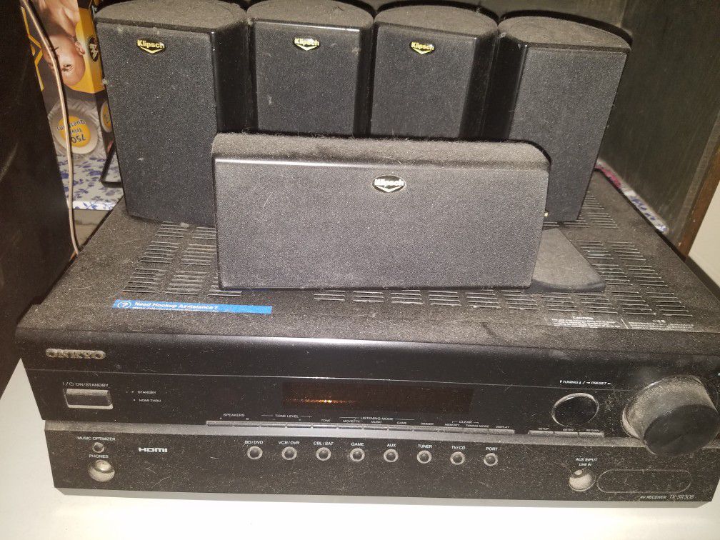 Onkyo Tuner and Klipsch 5 speaker and 8" subwoffer surround sound