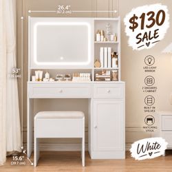 White Vanity Desk with LED Mirror and Stool