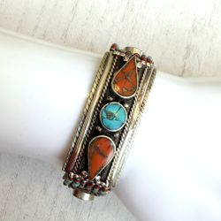 Southwestern Style Turquoise & Spiny Oyster Composite Panel Bracelet