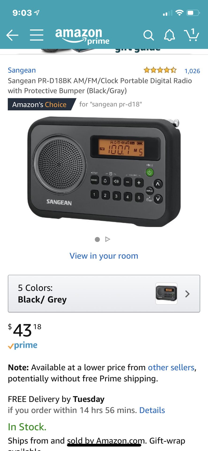 Sangean PR-D18BK AM/FM/Clock Portable Digital Radio with Protective Bumper (Black/Gray)