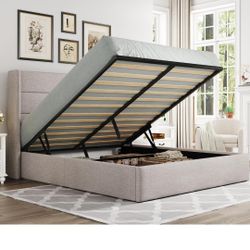 Allewie Queen Size Lift Up Storage Bed, Modern Wingback Headboard, Hydraulic Support, No Box Spring Needed, Light Beige Box is badly damaged but new.