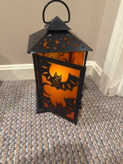 Black Metal Halloween Lantern – Bat Cut-Out Lantern, Amber Glow, Stars & Moons – Battery LED