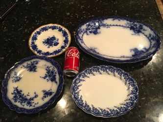Antique Flow Blue China Plates and Platter Set