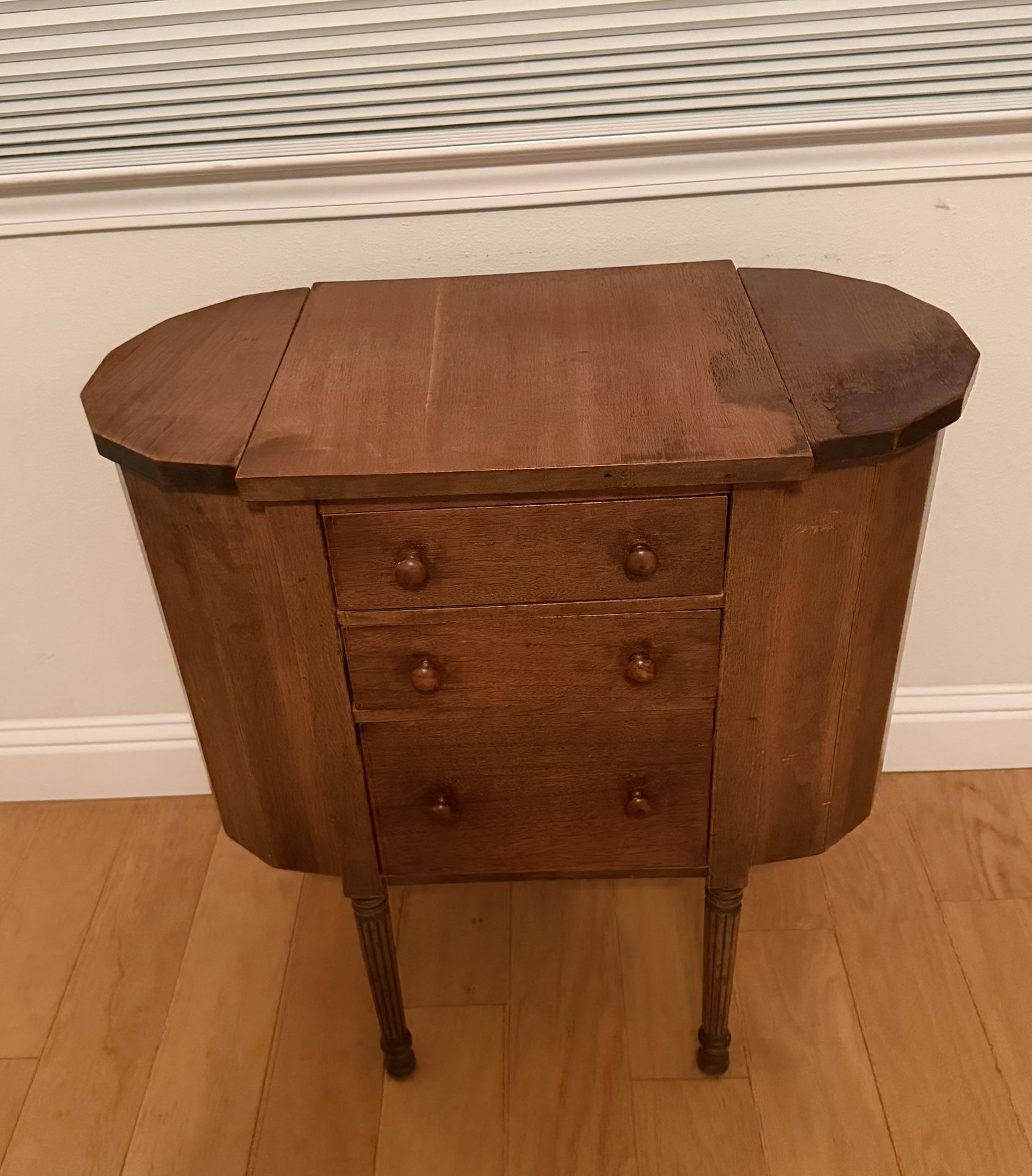 C1930 Martha Washington Wood Sewing Cabinet w/ 3 Drawers & Side Pockets + Accessories