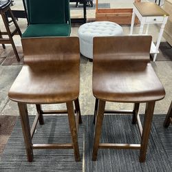 24.5" Wood Bar Stools Set of 2 with Solid Back & Seat Mid Century Bar Chairs