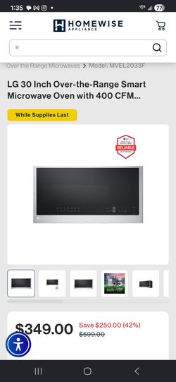 Model: MVEL2033F
LG 30 Inch Over-the-Range Smart Microwave Oven with 400 CFM