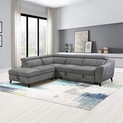 Sectional Sofa W Sleeper & Storage Grey Chenille, Solid Wood, Others. 102"x88"x33"h. New Especial Price 