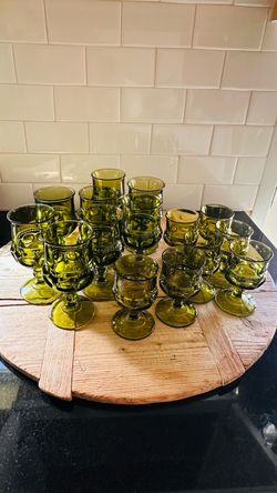 15 PCS Indiana Glass "King's Crown" avocado green stemware, which was originally produced beginning in the late 1950s and widely distributed under th
