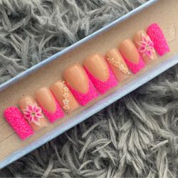 Medium square Press on nails rhinestones acrylic flowers pink glitter French tip