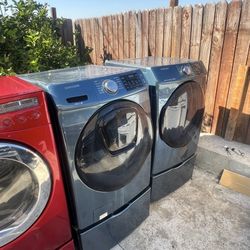 Blue Samsung Front Load Washer And Dryer Gas Set W/ Pedestal We Deliver And Install🚚👨🏻‍🔧