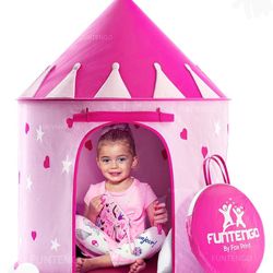 New FoxPrint Princess Castle Play Tent with Glow in the Dark Stars Folds in Carrying Case Foldable Pop Up Pink Play Tent/House Toy for Indoor&Outdoor 