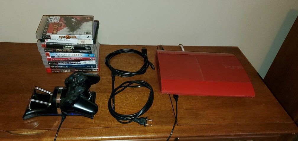 PS3 Red Super Slim 500GB w/ Games, Controller, Cords, Charger Bundle