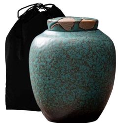 JEVACO Medium Cremation Urn For Human Ashes, Unique Turquoise Glazed Ceramic Memorial, Ginkgo Leaf Decorative, For Sharing Adult Or Infant  Inventory 