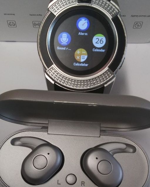 V Series Silver/Black Smart Watch + DT1 Silver Wireless Earbuds